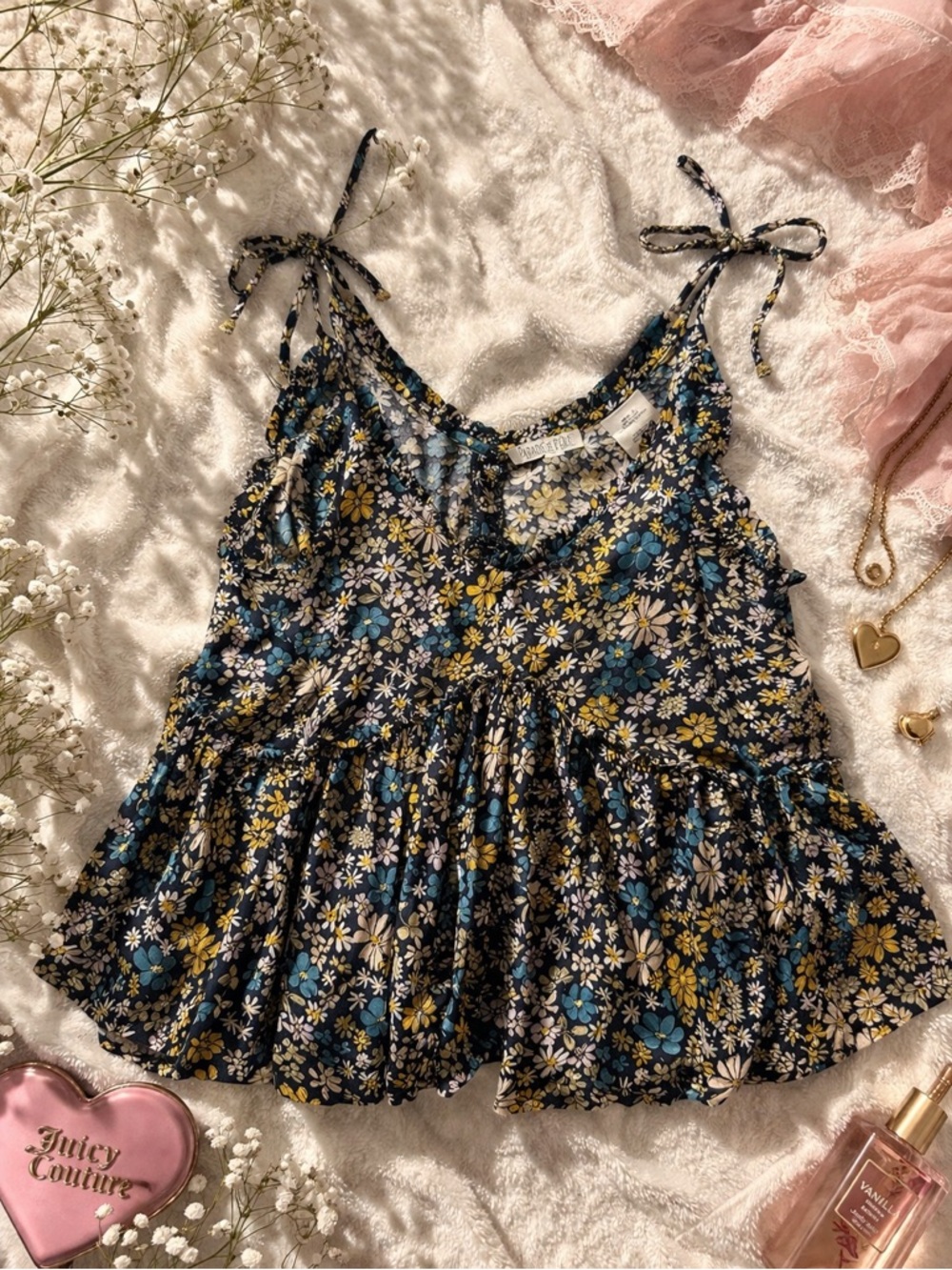 Patrons of peace flowy Floral Ruffle Tank Top - Navy Blue